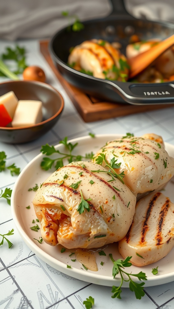 A delicious plate of grilled chicken with herbs and vegetables, showcasing tarragon's pairing with chicken.