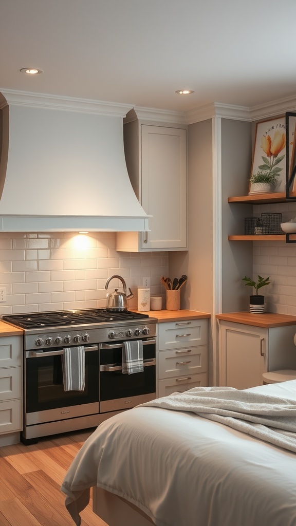 A modern kitchen with task lighting above the stove, showcasing a clean and organized cooking area.