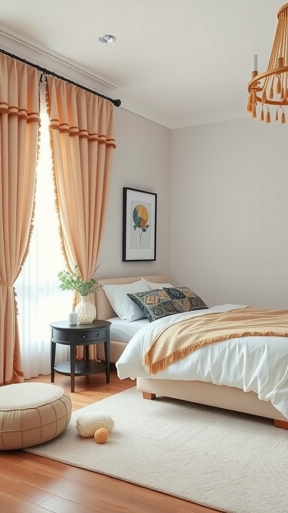 A cozy bedroom featuring peach-colored tassel-trimmed curtains, a bed with light bedding, and a small round pouf.