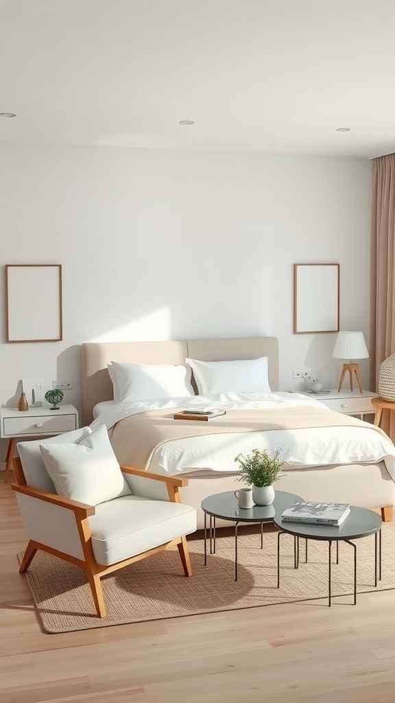 A classy bedroom featuring a bed with white linens, a cozy seating area with armchairs, and a coffee table.
