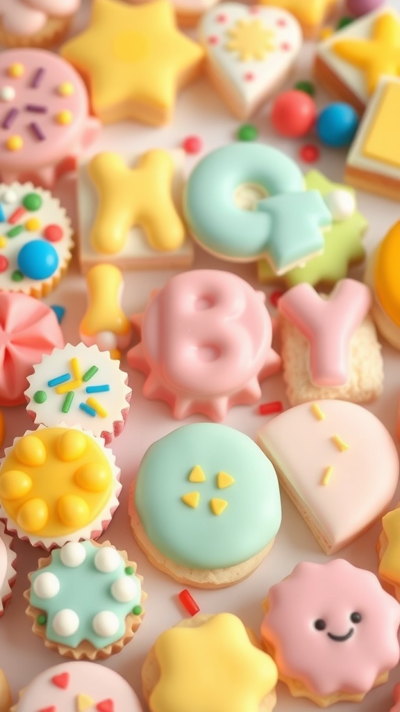 A colorful assortment of decorated cookies for a birthday celebration.