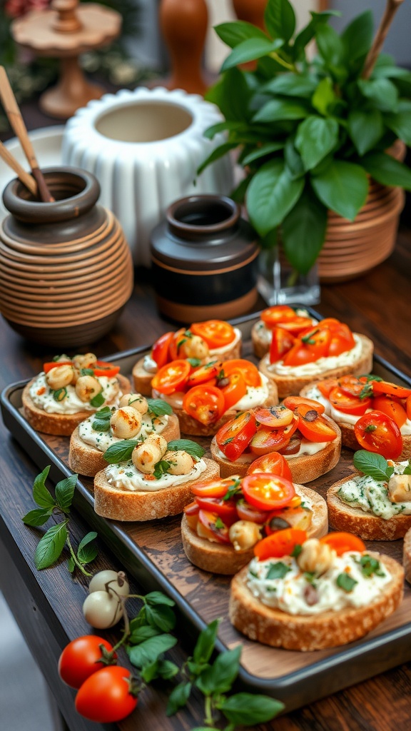 A variety of bruschetta on a tray with tomatoes, herbs, and other toppings, set against a decorative backdrop.
