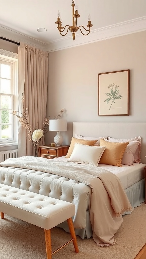 A taupe and blush bedroom featuring a tufted bed, decorative pillows, and a chandelier.