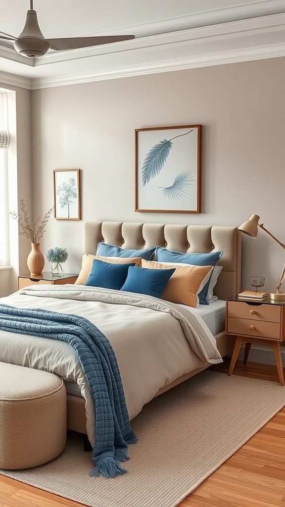 A cozy bedroom featuring taupe walls, a taupe headboard, and denim blue accents in the bedding and decor.