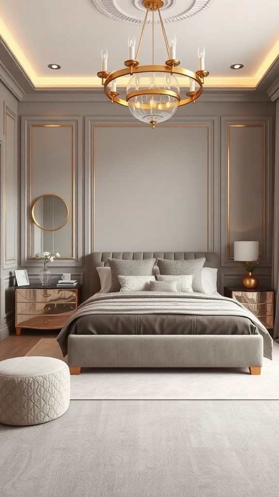 Elegant taupe bedroom with gold accents, featuring a chandelier, plush bedding, and mirrored nightstands.