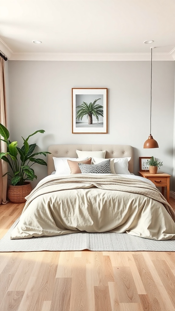 A taupe bedroom featuring a cozy bed, green plants, and natural light.