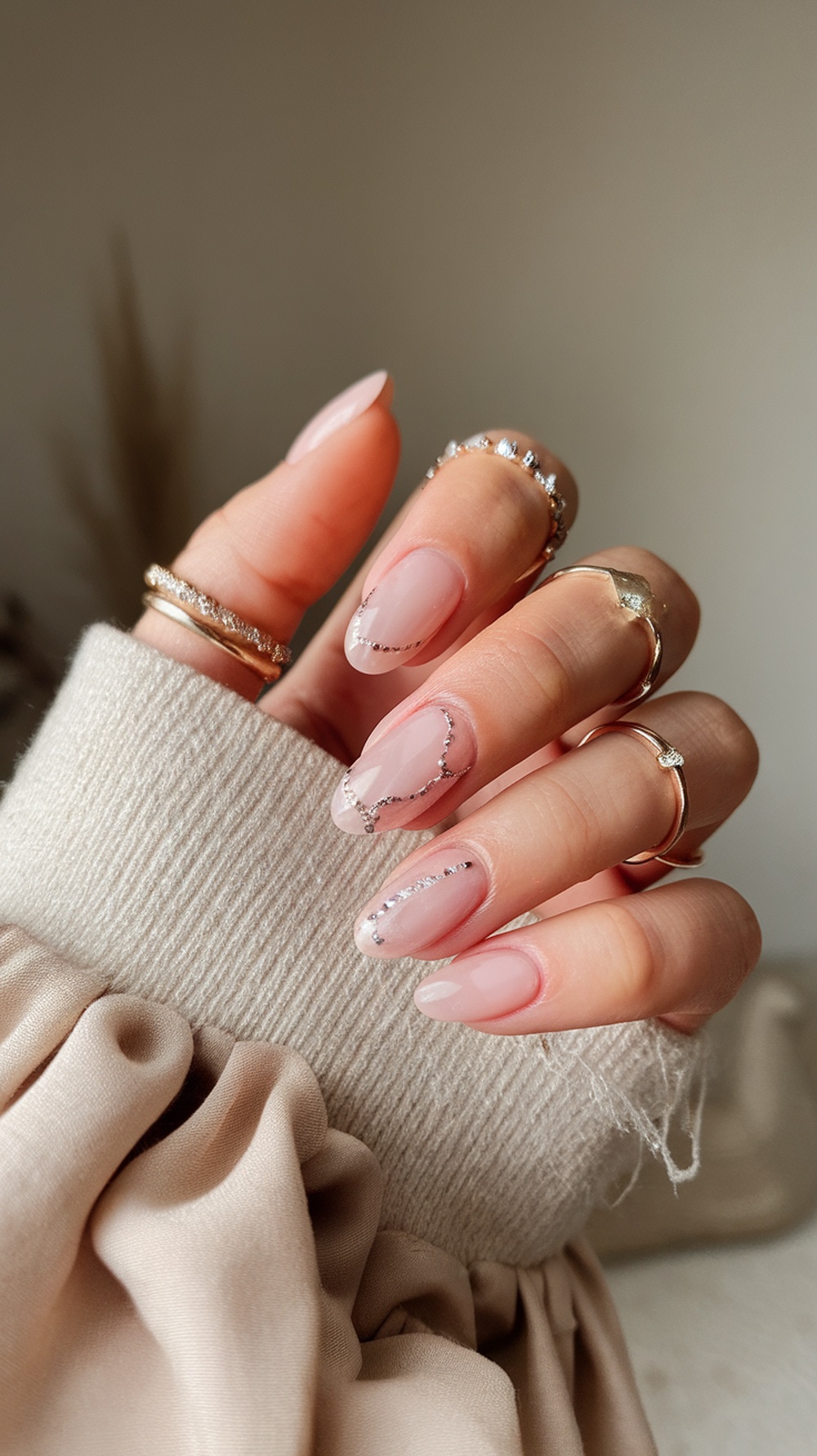 Nails painted in taupe with terracotta accents and delicate rings