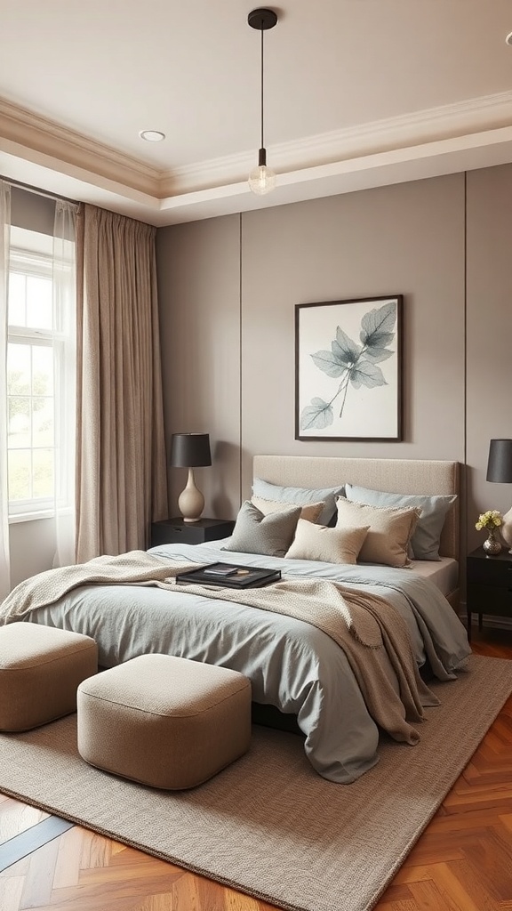 A taupe bedroom featuring soft blue bedding, beige accents, and modern lighting.