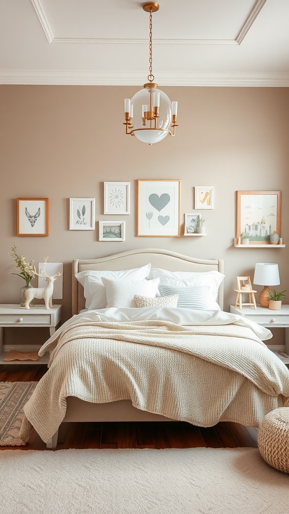 A beautifully designed taupe bedroom with pastel accents, featuring framed artwork on the walls, a cozy bed, and elegant lighting.