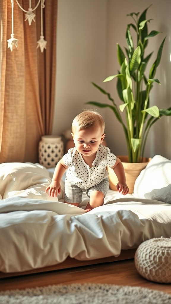 A toddler exploring a cozy floor bed in a bright, inviting room with plants.