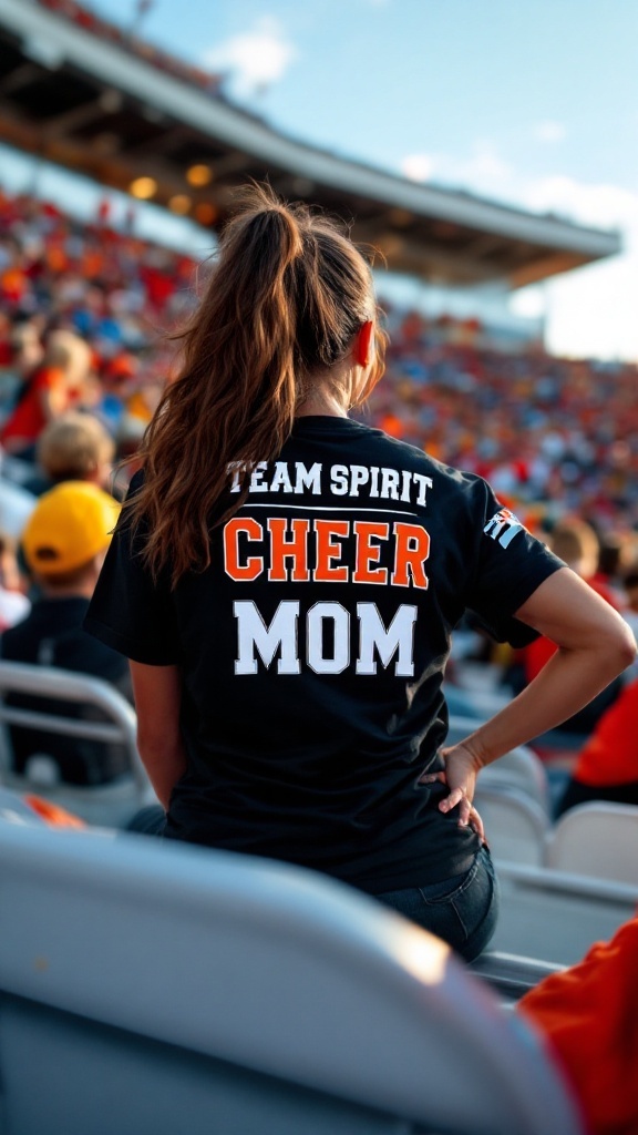 A cheer mom wearing a Team Spirit Cheer Mom shirt at a game.