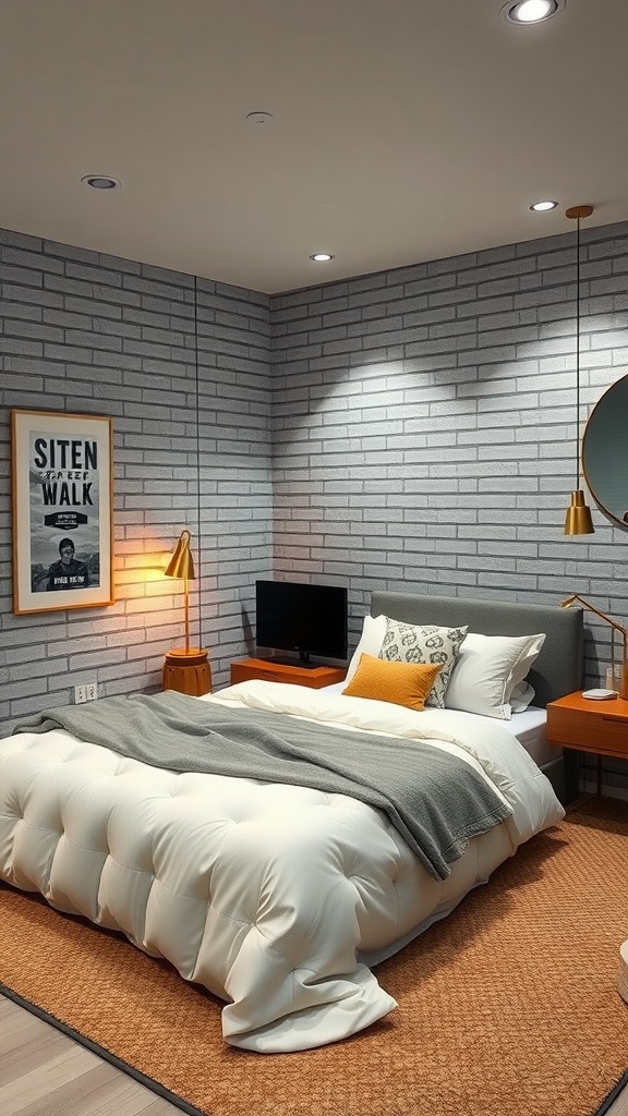 A cozy basement bedroom featuring modern tech elements like a TV, stylish lamp, and smart lighting.
