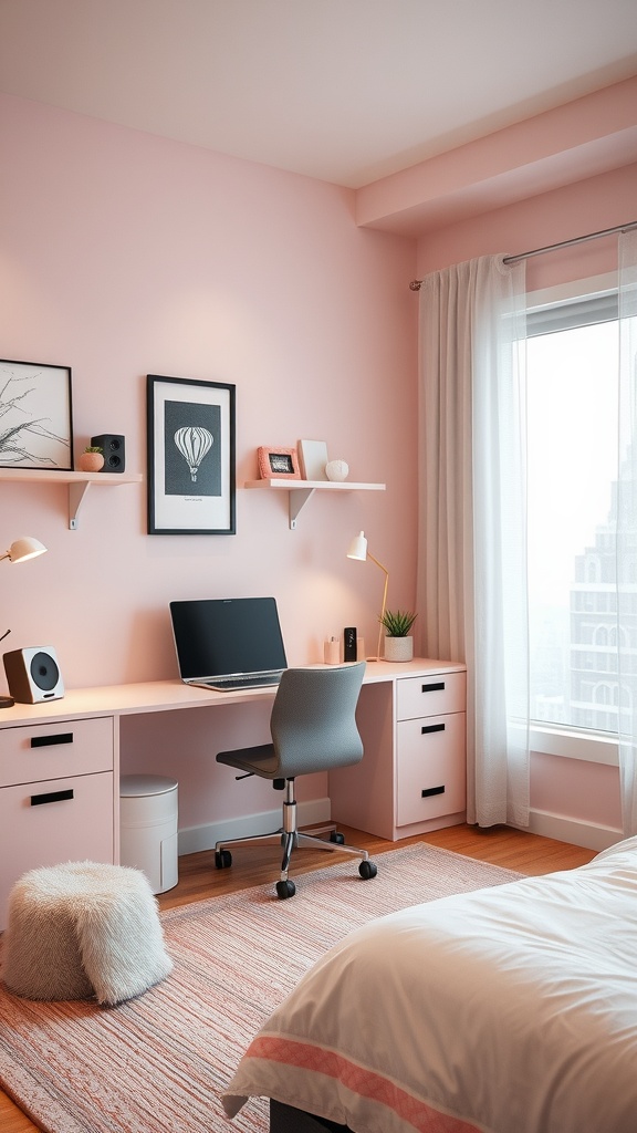 A cozy tween girl's bedroom with a tech-friendly setup featuring a desk, computer, and pink walls.