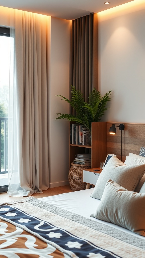 A cozy reading area with a bed, bookshelves, and soft lighting