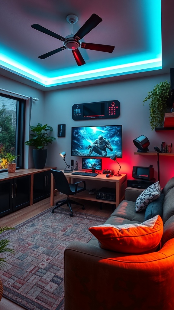 A modern kids bedroom designed as a tech-savvy gamer hub featuring a desk with a monitor, gaming accessories, and colorful LED lighting.