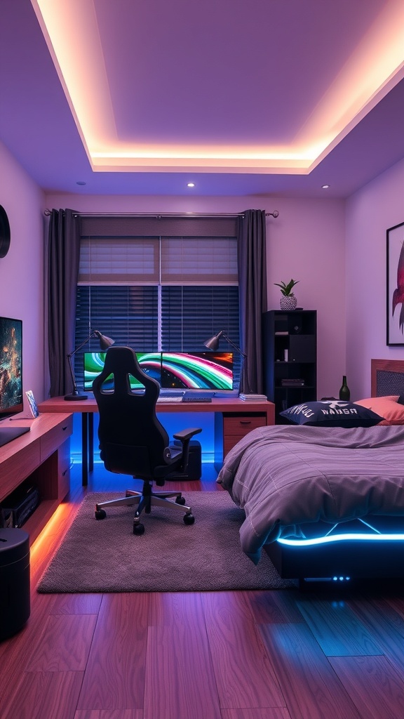 A modern boy's bedroom designed for gaming, featuring dual monitors, a gaming chair, LED lights, and a cozy bed.