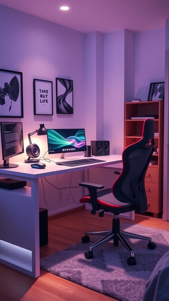 A modern study space featuring a desk with a computer, an ergonomic chair, and stylish wall art.