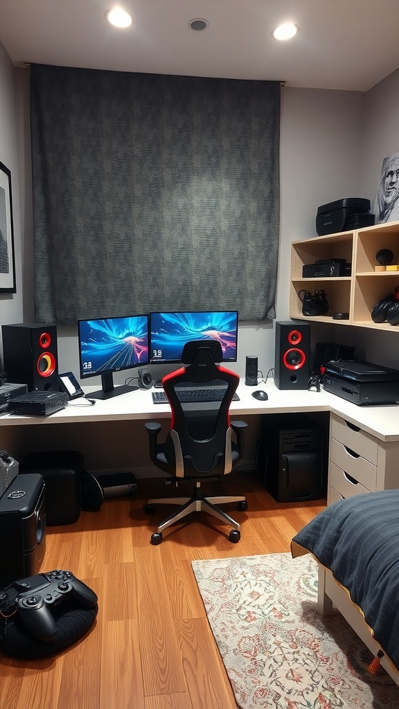 A modern teen workspace with dual monitors, gaming chair, and audio equipment.