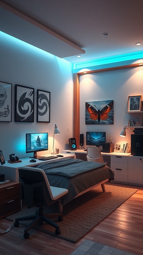 A stylish bedroom featuring a tech enthusiast setup with dual computer screens, modern furnishings, and ambient lighting.