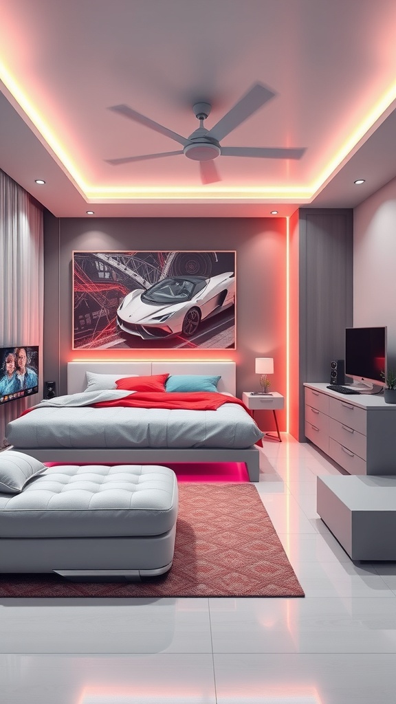 A modern teen boy's bedroom featuring a bed with colorful pillows, a lounge chair, LED lighting, a TV, and car-themed artwork.