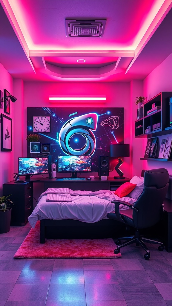 A modern teen boy's bedroom featuring a gaming setup with dual monitors, neon lights, and a cozy atmosphere.