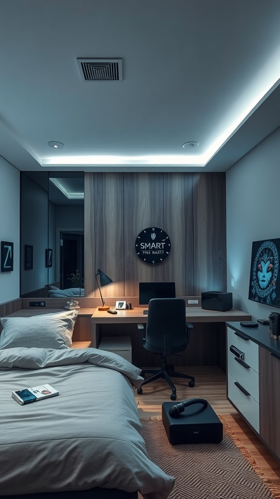 A modern bedroom with smart lighting, a desk setup, and a sound system.