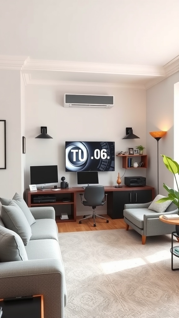 A modern living room with a tech hub featuring dual monitors, a comfortable chair, and stylish lighting.