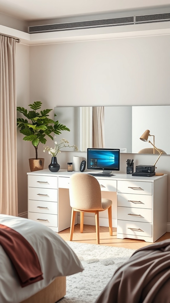 A modern bedroom featuring a desk and vanity combo with a computer, potted plants, and a cozy chair.