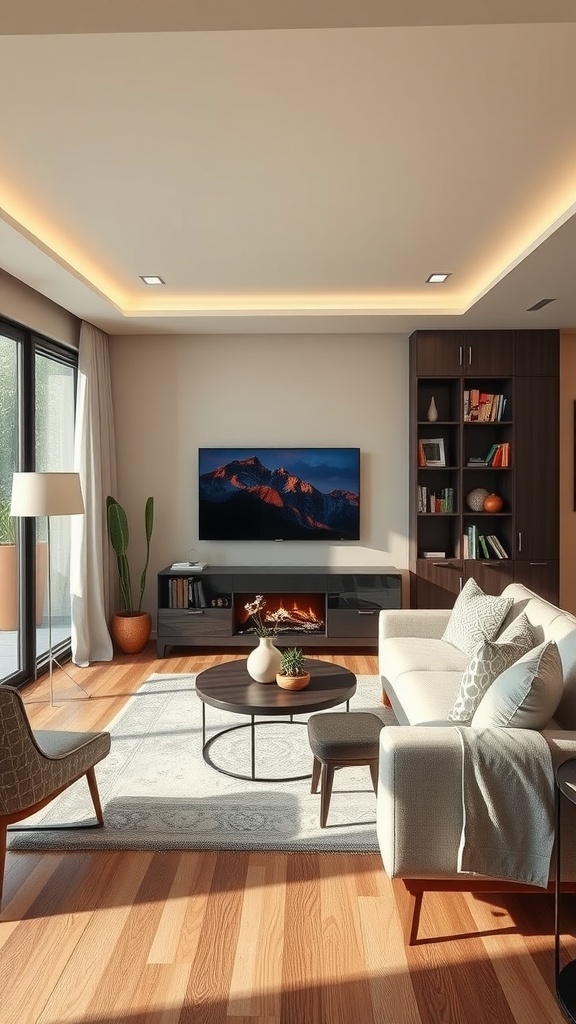 A modern family room with a television, comfortable seating, and soft lighting.