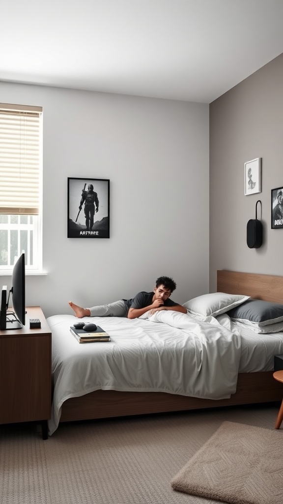 A stylish gamer bedroom featuring a comfortable bed, a TV setup, and gaming artwork on the walls.