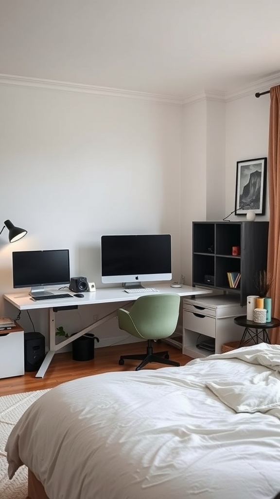 A cozy bedroom office setup featuring two monitors, a green chair, and a tidy desk with a lamp.