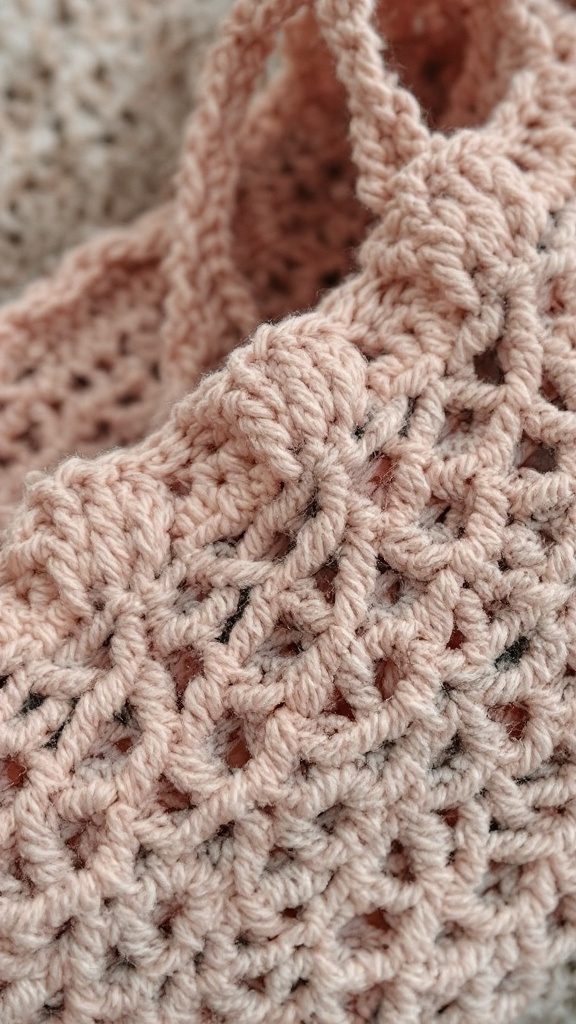 Close-up shot of a crochet shoulder bag showcasing its intricate stitches and handles.