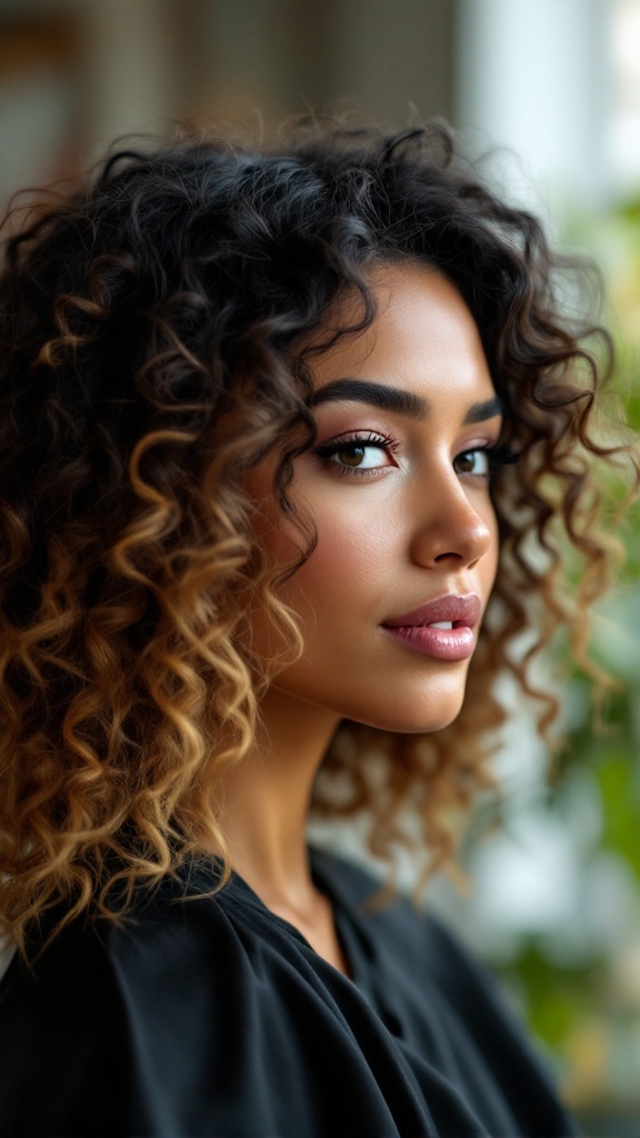 Curly hair with blonde highlights, showcasing defined curls and rich color contrast.