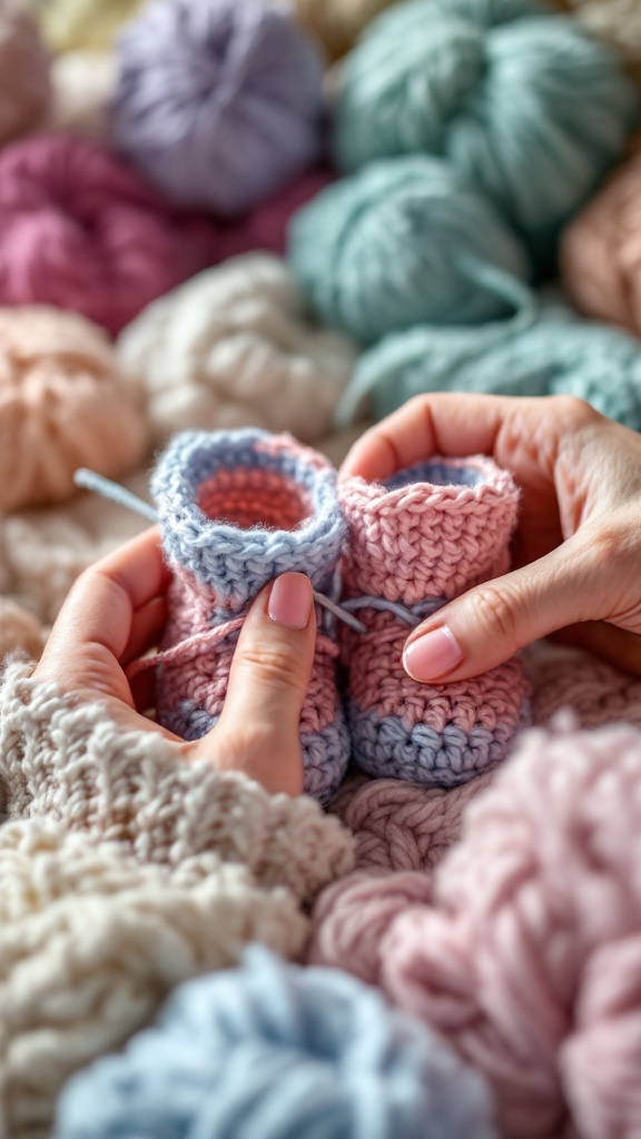 Hands holding crocheted baby booties with colorful yarn in the background
