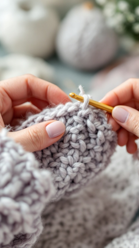 A close-up of hands crocheting a soft, light purple ear warmer with a crochet hook.