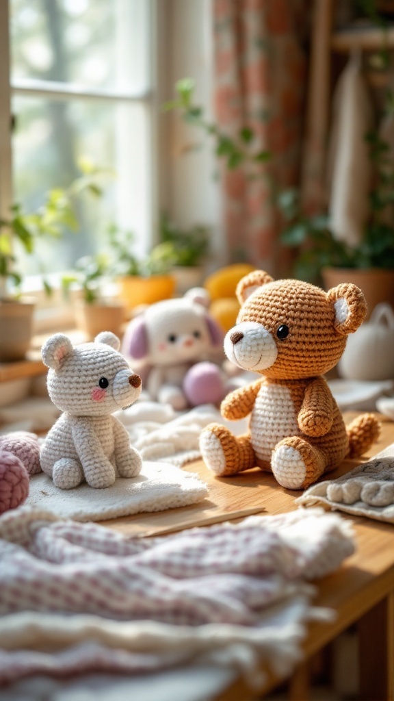 Crochet plushies sitting on a table with soft textures and a cozy atmosphere