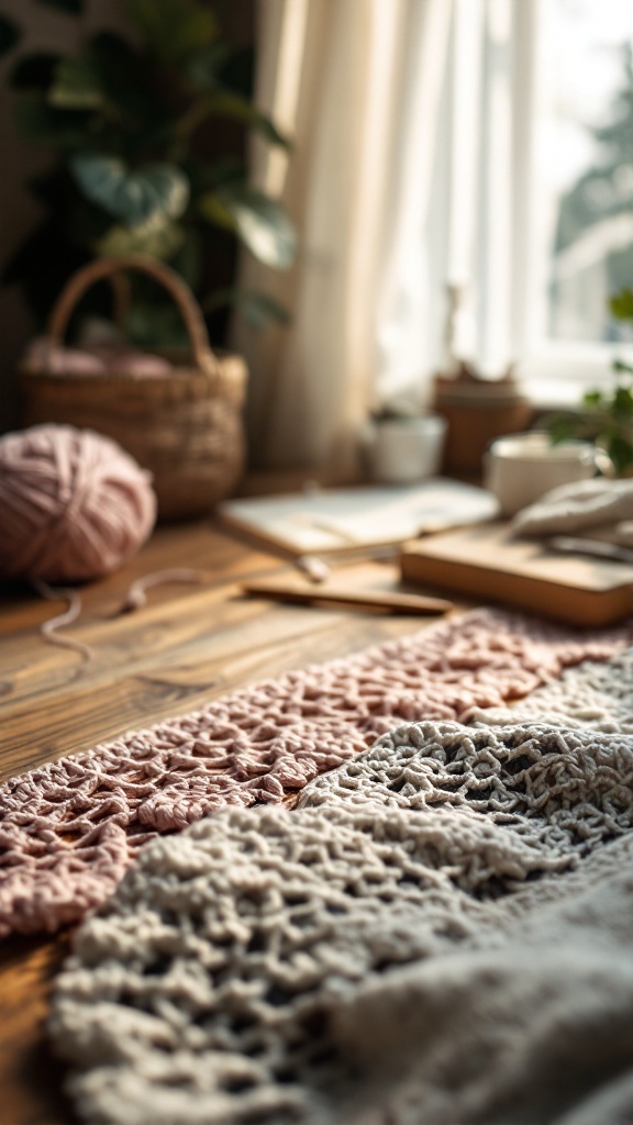 A cozy workspace displaying crochet patterns with various yarns and tools, perfect for making curtains.