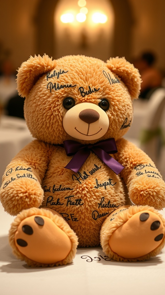 A cute teddy bear with signatures on its fur, placed on a table setting.