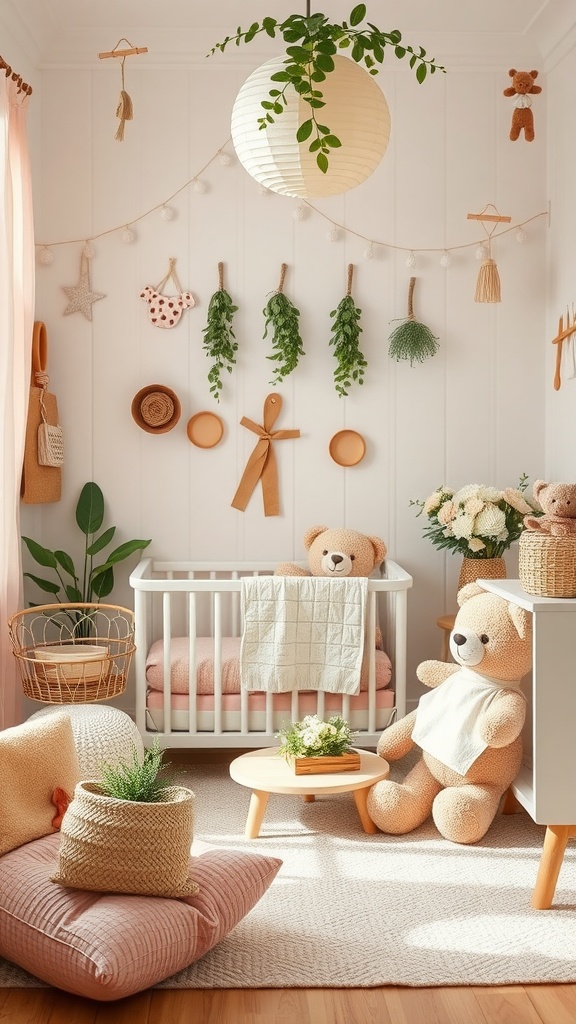 A nursery room designed with a Teddy Bear Picnic theme, featuring plush teddy bears, soft colors, and cozy decor.