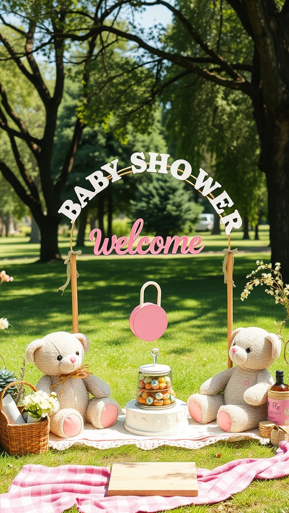 A teddy bear picnic setup for a baby shower featuring two plush teddy bears, a tiered cake stand with colorful treats, and a picnic blanket in a park.