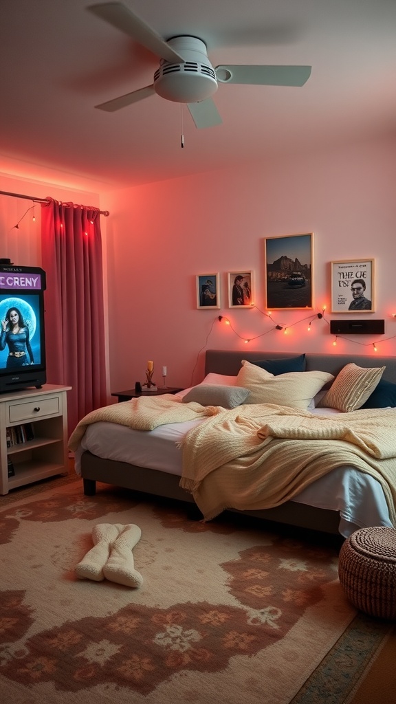 Cozy teen bedroom setup with a movie playing on TV, warm lights, and a comfortable bed.
