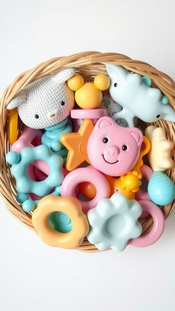 A colorful basket filled with various teething toys for infants.