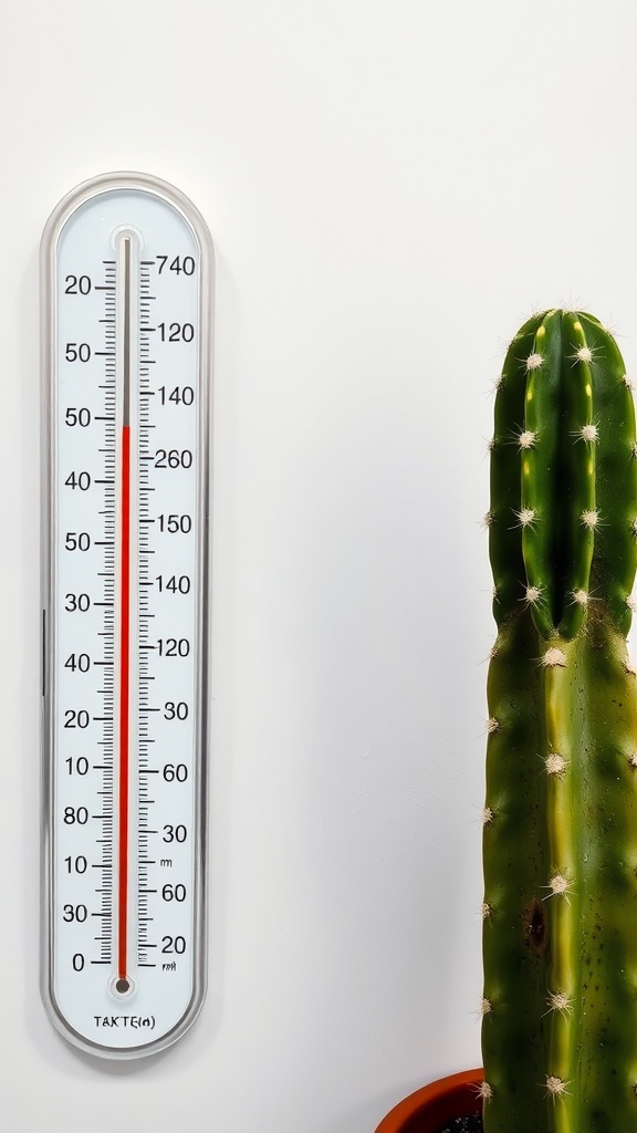 A thermometer showing temperature readings next to a cactus in a pot.