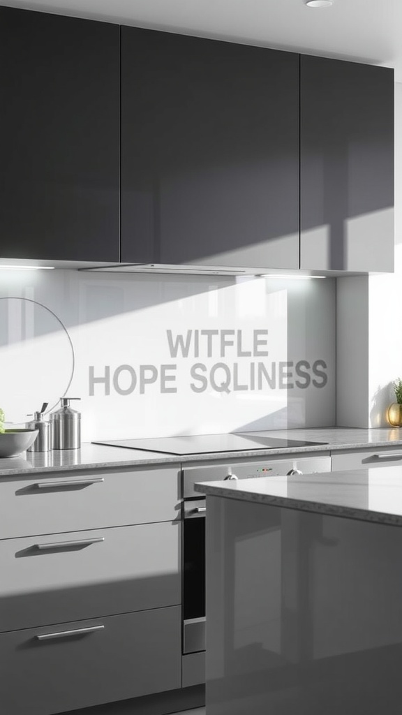A modern kitchen showcasing a tempered glass backsplash with sleek cabinetry.