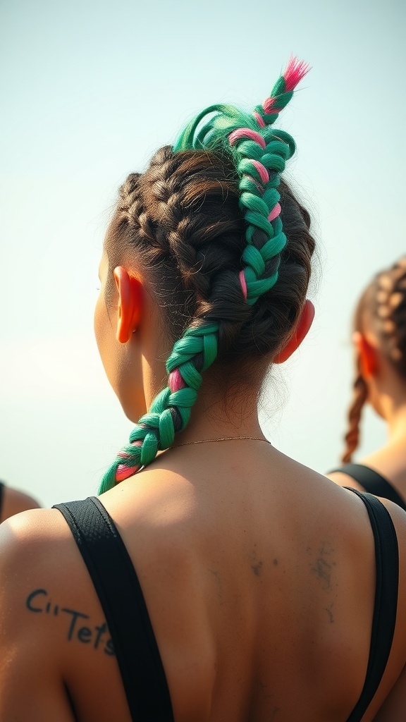 A person showcasing a temporary braided Mohawk hairstyle with green and pink hair chalk.