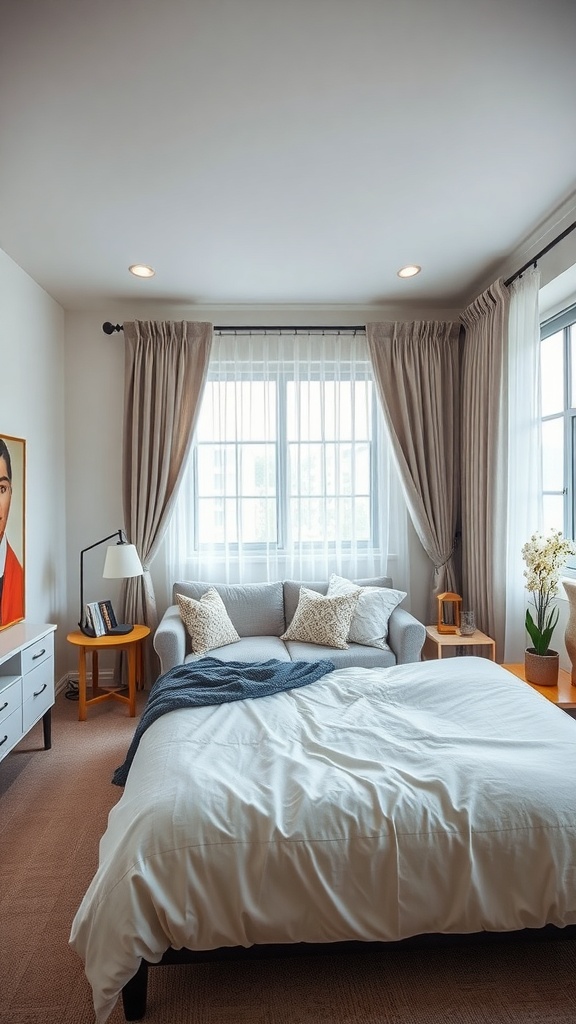 A cozy bedroom featuring light curtains hung on a tension rod, a gray sofa, and a neatly made bed.