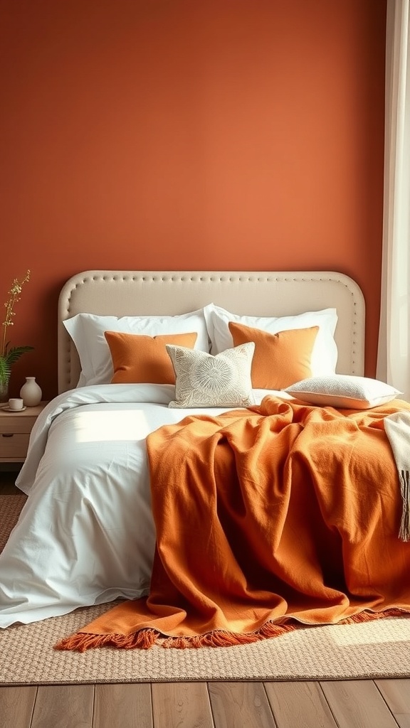 A cozy bedroom featuring terracotta-inspired bedding with orange accents and a warm wall color.