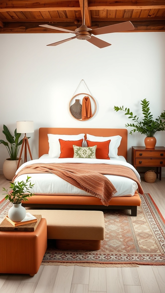 A cozy terracotta-inspired bedroom featuring a terracotta bed frame, colorful cushions, a soft throw, and stylish wooden furniture.