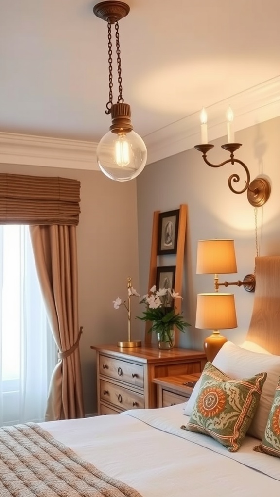 A terracotta-themed bedroom featuring pendant and wall sconce lighting fixtures.
