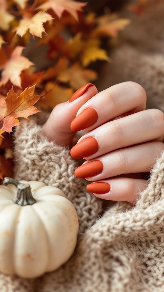 A display of terracotta almond-shaped nails with a matte finish and decorative accents including leaves and acorns.